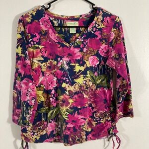 Caribbean Joe Floral Top Women Medium Pink Yellow Good Ruched Sides 3/4 Sleeve